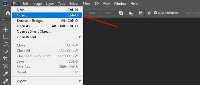 Opening an image in Photoshop using the File > Open option